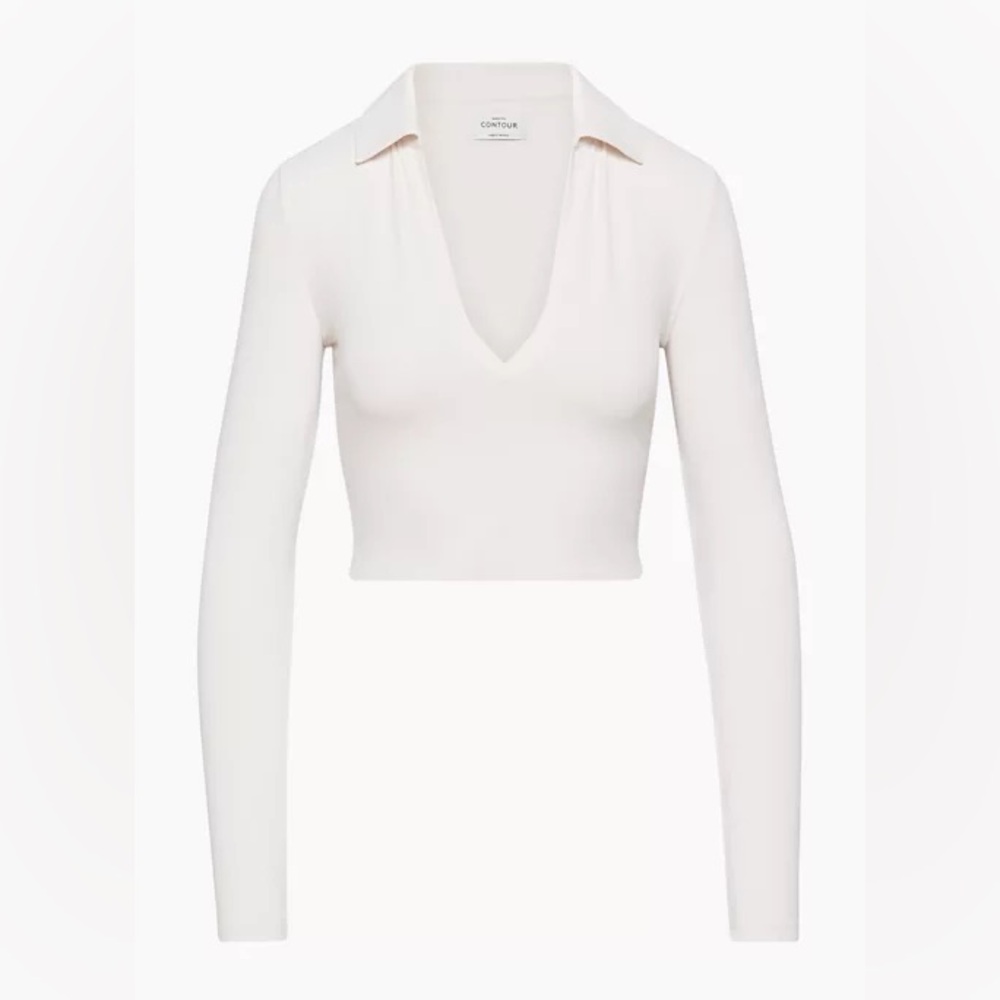 Aritizia Contour Polo Crop Long Sleeve Top in White Sand Size S